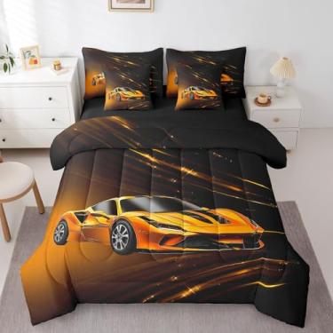 Imagem de Feelyou Conjunto de cama solteiro com carro de corrida amarelo, 7 peças, para crianças, adolescentes, adultos, velozes e furiosos, conjunto de cama ombré amarelo