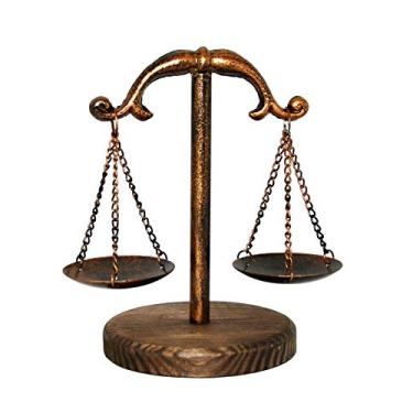 Imagem de Owlgift Bandeja de torre de joias de Libra de metal estilo vintage com base de madeira, armazenamento organizador de cosméticos, escala de justiça de advogado, castiçal de fazenda, decoração de casa