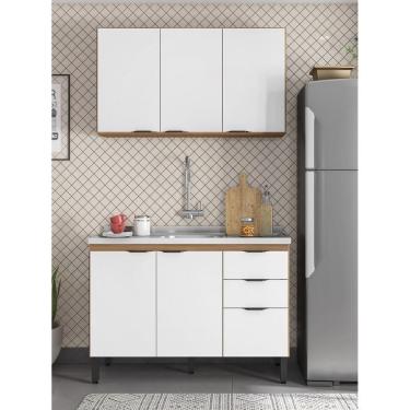 Imagem de Kit Cozinha Firenze Balcão Para Pia 120m sem Tampo e Armário Suspenso 3 Portas -  Amêndola Touch/Branco Demóbile 