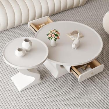 Imagem de AKALNNB Conjunto de 2 mesas de centro redondas, com 2 gavetas de armazenamento, design de borda mais alta, trilhos de guia silenciosos e suaves, mesa espessa pode suportar 100 kg