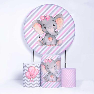 Imagem de Kit Painel de Festa Redondo de 1,30m e Trio de Cilindros Elefantes - Fera Print