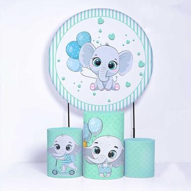 Imagem de Kit Painel de Festa Redondo de 1,30m e Trio de Cilindros Elefantes - Fera Print