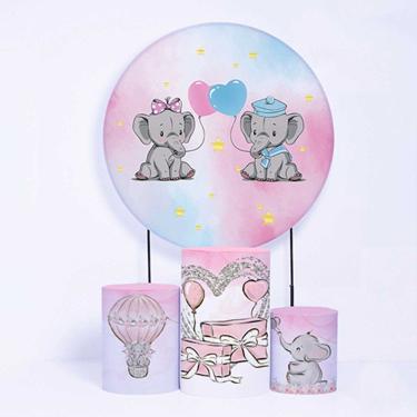 Imagem de Kit Painel de Festa Redondo de 1,30m e Trio de Cilindros Elefantes - Fera Print