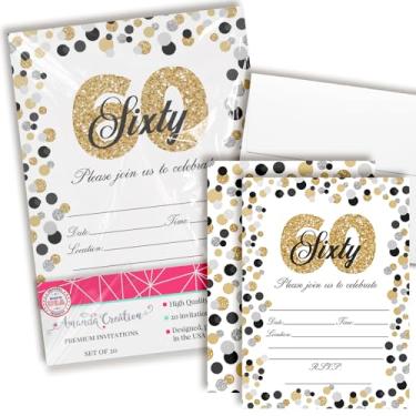 Imagem de Convites de festa de aniversário de 60 anos confete de bolinhas, 20 cartões de preenchimento de 12,7 cm x 17,78 cm com vinte envelopes brancos da AmandaCreation