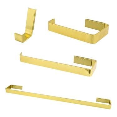 Imagem de Kit acessório quadrado polido 4 peças porta toalha gancho dourado