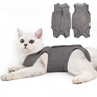Imagem de DOTON Terno de recuperação de gatos para homens e mulheres pós-cirurgia pós-cirurgia camisa body cone macio roupas neutro lambendo fraldas protetoras capa de roupa coleira de gatinho Spay (P, cinza)