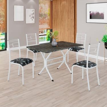 Imagem de Conjunto Sala De Jantar Mesa Retangular 100x60cm Tampo Pedra Ardósia Indiana 4 Cadeiras Paraty Preto Floral - Branco