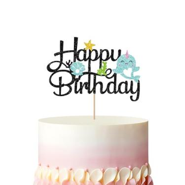 Imagem de Topo de bolo de feliz aniversário Narval, decoração de bolo de aniversário de animais oceânicos, topo de bolo narval preto e azul para crianças, decoração de festa de chá de bebê com tema submarino