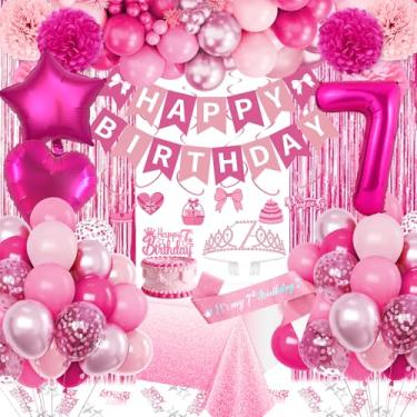 Imagem de Fantspati Decorações De 7º Aniversário Para Meninas, Festa Rosa Com Balão Número 7, Faixa Aniversário, Coroa, Toalha Mesa, Franjas, Cortina, Balões Redemoinhos Pendurar, Menina