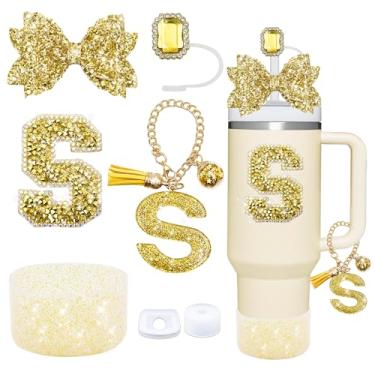 Imagem de Conjunto de acessórios de copo dourado de 7 peças para Stanley Cup 850 g/1,134 g, inclui tampa de canudo de joias, tampa à prova de derramamento, decorações de iniciais, pingente de alça, bota de