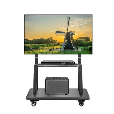 Imagem de Hellsehen Suporte de TV móvel, carrinho de TV com rodinhas com rodinhas com altura ajustável, base de suporte de chão resistente para telas de tela plana LED OLED OLED LCD de 42 a 86 polegadas, Smartboard móvel, comporta até 79 kg com prateleira