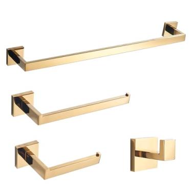 Imagem de Conjunto de acessórios para banheiro dourado - Prateleira para toalheiro com revestimento PVD e suporte de papel higiênico - Acessórios para banheiro em aço inoxidável com ganchos para roupão, conjunt