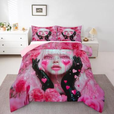 Imagem de Erosebridal Conjunto de edredom para meninas, solteiro, romântico, flores rosas, para meninas, anime, moderno, arte feminina, edredom com 1 fronha
