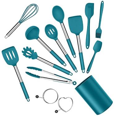 Imagem de Conjunto de utensílios de cozinha de silicone, 14 peças E-far azul escuro com suporte, espátulas de utensílios de cozinha com alça de aço inoxidável para panelas antiaderentes, resistentes ao calor e podem ser lavadas na lava-louças