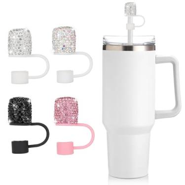 Imagem de Conjunto de capa de canudo de strass brilhante - pacote com 4 tampas de canudos para copos Stanley de 30 e 1,134 g, inclui rosa, preto, prata e colorido, tampas de canudo de silicone para acessórios