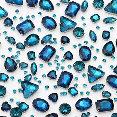 Imagem de Costurar em strass, 148 peças de formas mistas para costura, vidro de cristal, pedras de metal flatback garra de enxágue para artesanato, roupas, joias, brincos, sapatos, vestido, cinto DIY (azul pavão)