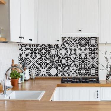 Imagem de Papel de Parede Preto e Branco Azulejo Évora Rolo 57x270cm - Quartinho