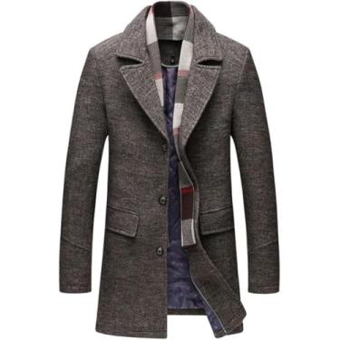 Imagem de Jaqueta De Mistura De Lã Masculina Casaco De Lã Grosso De Inverno Lenço Destacável Casaco Longo Sobretudo Masculino, Coffee, L