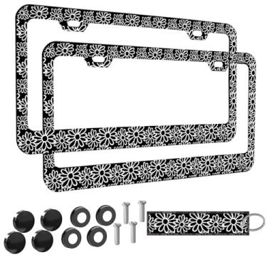 Imagem de 2 peças vintage preto e branco margarida floral moldura de placa de licença para mulheres, minimalista margarida flor carro moldura decorativa feminino, estética preto branco suporte de capa de placa