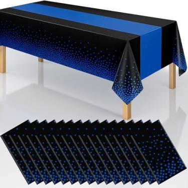 Imagem de Toalhas de mesa de plástico descartáveis 2 em 1, 137 x 274 cm, toalha de mesa retangular com pontos pretos e azuis para casamento, aniversário, chá de bebê, Natal, formatura (preto/azul, pacote com 16