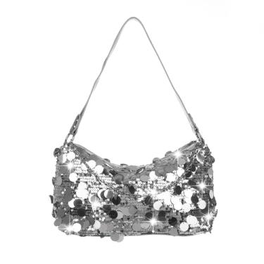 Imagem de Octwine Bolsa feminina de lantejoulas brilhantes para noite com corrente de prata tiracolo bolsa de ombro para festa de formatura e boate de casamento, Prata