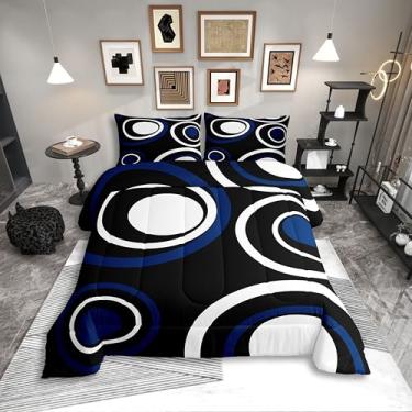 Imagem de Erosebridal Conjunto de cama solteiro com vórtice preto e azul, para adultos, mulheres, homens, chique, geométrico, abstrato, listrado, estético, círculos, conjunto de edredom boêmio, moderno