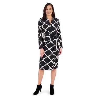 Imagem de London Times Vestido feminino de manga comprida com colarinho, cinto na cintura, comprimento do joelho, tecido leve, Preto/caramelo, 46