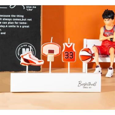 Imagem de Velas de festa com tema de basquete – Conjunto de 4 | Toppers de bolo, argola, jérsei e bola para aniversários, casamentos esportivos e cupcakes, decoração esportiva divertida para bolos, celebrações
