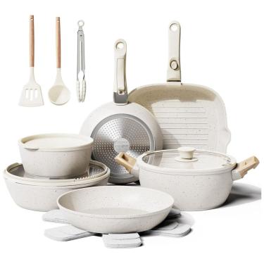 Imagem de Jogo de Panelas e Frigideiras Antiaderentes, Material em Alumínio com 19 Peças, Utensílios de Cozinha e Cabo Removível, Bazova, Branco Creme