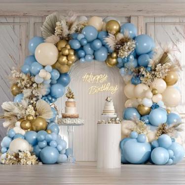 Imagem de Kit de guirlanda de balões azuis empoeirados | Kit de arco de balão azul e dourado com balões de látex branco pérola e azul claro para chá de bebê, decoração de aniversário de casamento