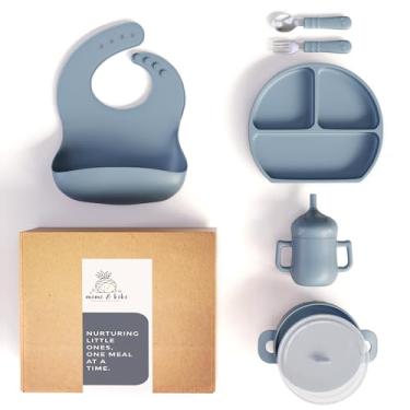Imagem de mimi & kiki Conjunto de alimentação de silicone sem BPA, conjunto de pratos e tigelas para bebês, suprimentos de desmame para bebês, placa de sucção de silicone, utensílios para bebê, babador e copo
