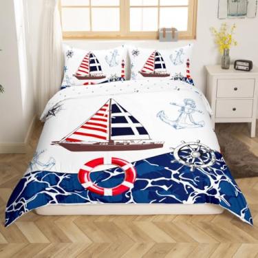 Imagem de Conjunto de capa de edredom de âncora náutica, tamanho Queen, estampa de leme de navio com tema oceano, conjunto de capa de edredom reversível (sem edredom), azul mar vermelho farol verão macio para