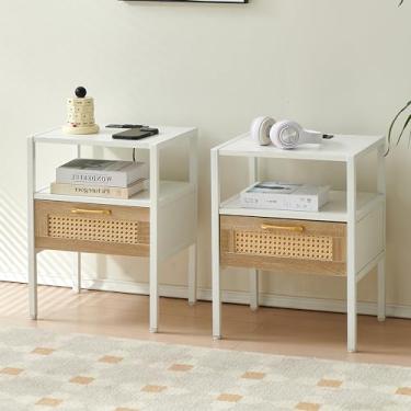 Imagem de Conjunto de 2, mesa de canto de vime de 40 cm com tomada elétrica e portas USB, mesa de cabeceira moderna com gaveta e pernas de metal, mesa lateral para sala de estar, quarto, branca