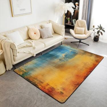 Imagem de Erosebridal Tapete decorativo Grunge, 1,78 m x 9,5 cm, retrô, ombré, para sala de estar, para crianças, homens, mulheres, arco-íris, pintura a óleo, bege, azul claro, lavável, tapete interno