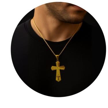 Imagem de Pingente Cruz Dourada com Oração Pai Nosso em Aço Inox