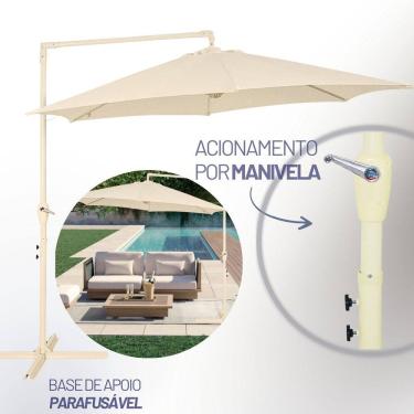 Imagem de Ombrelone Guarda Sol Lateral Luxo Bel Veneza 3 Metros Bege p/ Piscina + Base De Apoio e X Acionamento por Manivela
