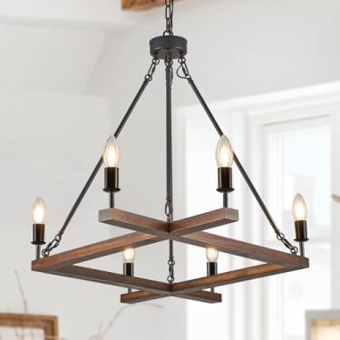 Imagem de Poemoon L45'' Lustres de madeira quadrados rústicos para casa de fazenda 6 luzes lustre retangular exclusivo lustre de teto longo para sala de estar, sala de jantar, hall de entrada, cozinha, quarto