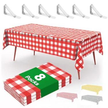 Imagem de 8 toalhas de mesa descartáveis de plástico com 6 clipes de toalha de mesa, 137 x 272 cm, para festas, piqueniques, toalhas de mesa decorativas guingão para mesas retangulares, xadrez vermelho e branco