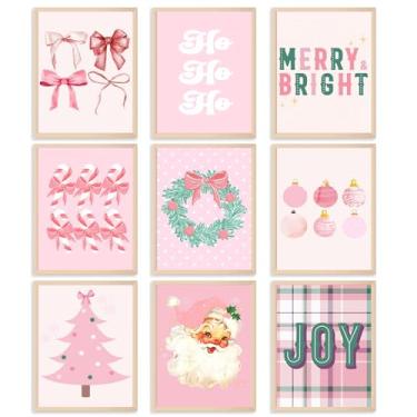 Imagem de Aroutde 9 peças de arte de parede em tela de Natal rosa Coquete Papai Noel árvore de Natal decoração de feriado feminino para quarto de menina adolescente apartamento (20 x 25 cm, sem moldura)