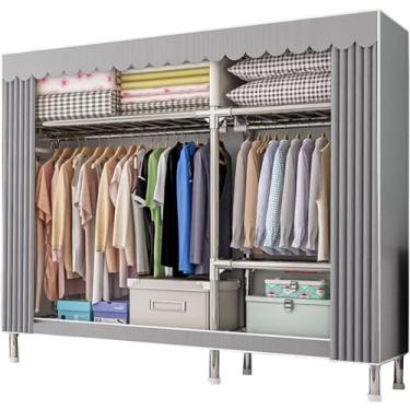 Imagem de Guarda-roupa De Tecido Guarda-roupa De Roupas De Grande Capacidade Guarda-roupa De Lona Portátil Com Varal E Capa De Tecido Não Tecido Organizador De Armazenamento, Gray Stripes, 84x46x173cm