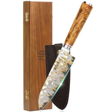 Imagem de YOUSUNLONG Bunka Chef's Knives - Lâmina de aço de cobre damasco CuMai feita à mão japonesa de 17 cm - Faca de cozinha profissional afiada - Cabo de madeira Naturel Burl com caixa de couro e madeira