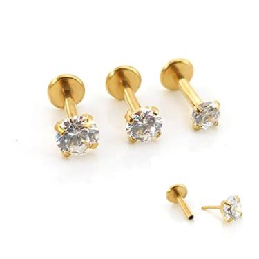 Imagem de Emmajewels Brinco de hélice tripla para frente, cartilagem dourada 16G 1/10.2 cm 5/40.6 cm 2-4 mm conjunto de pinos sem rosca CZ pedra tragus anel 6, pinos de 8 mm, Aço inoxidável, Zircônia cúbica