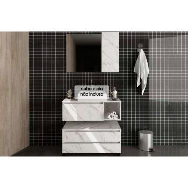 Imagem de Armário c/ Balcão Banheiro Suspenso BN3601 + Rodizios BN3603 s/ Cuba 80cm e Espelho BN3602 Mármore Branco - Tecno Mobili