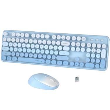 Imagem de FCPLU Combo de teclado e mouse sem fio xUBOTIE, teclado redondo colorido de 104 teclas, layout QWERTY, 2,4 GHz, botão liga/desliga, plug play para PC, laptop (azul)