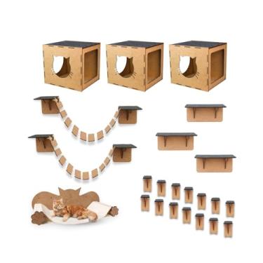 Imagem de BOXFAN Playground para Gatos com 23 Peças em MDF – Prateleiras, Nichos, Escada, Arranhador, Cama Suspensa, Ponte, Circuito de Parede e Acessórios para Enriquecimento Ambiental Felino