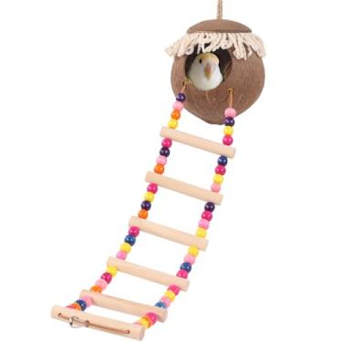 Imagem de Casinha de pássaro suspensa com concha de coco com decoração de borlas, concha de fibra de coco natural, ninho de pássaro para papagaio, periquito, periquito, periquito, canário, papagaio balanço