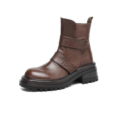 Imagem de TinaCus Bota feminina de cano curto de couro legítimo feita à mão com bico redondo com zíper, Marrom, 34