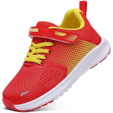 Imagem de YOLARK Tênis infantil para meninos e meninas, tênis de corrida, antiderrapante, moderno, leve, respirável, esportivo, Dourado, vermelho, 13 Little Kid