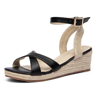 Imagem de getmorebeauty Sandália feminina de alpargatas com salto alto e plataforma com fivela aberta e elástica, Preto, 35