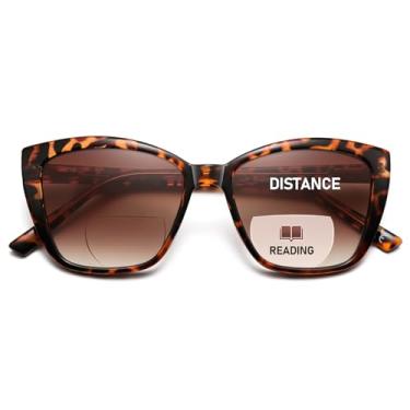 Imagem de PUBOWT Óculos de sol de leitura bifocais para mulheres, olho de gato, moderno, leitor de sol, dobradiça, mola, proteção UV, PT2001C, Bifocal Sun Reader/Demi, L